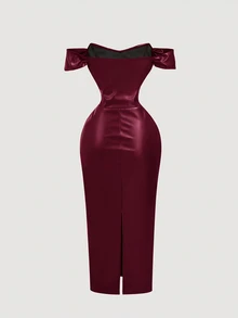 SHEIN MOD Gaun Bodycon Wanita Cokelat PU Tanpa Bahu - Burgundy - View 2