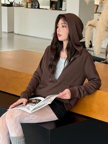 K-Vae Women's Deep Brown V-Neck Hooded Sweatshirt, Loose Fit Pullover With Pockets, Casual Top - Multicolor - View 1