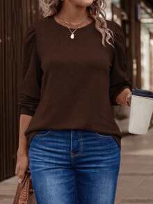 SHEIN Plus Size Casual Basic Puff Sleeve Crew Neck T-Shirt, Burgundy Fall - Coffee Brown - View 1