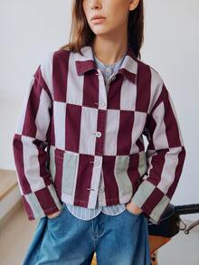 Nöista Chaqueta de mezclilla con cierre de botones delantero y cuello estampado - Burdeos - Ver 6