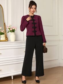 EastFlair Women's Elegant Chinese Style Regular Long Sleeve Jacket With Frog Button Placket - Burgundy - View 5