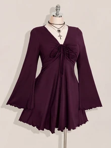 SHEIN ICON 女款大尺碼性感辣妹復古Y2K風抓皺胸部喇叭袖黑色洋裝 - 紫紅色 - 查看 5