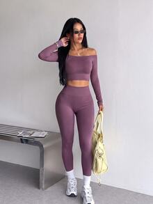 Dewbera Dewbera Set Legging Olahraga Yoga Tanpa Jahitan Model Bahu Terbuka Lengan Panjang Pendek - Purple - View 3
