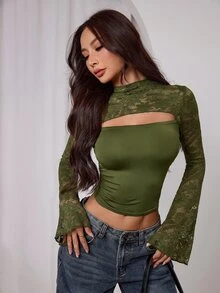 SHEIN PETITE Women's Contrast Lace Hollow Design Long Sleeve Slim Fit Top - Army Green - View 4