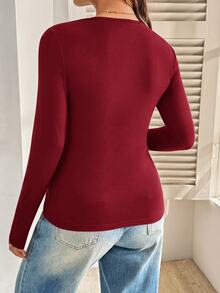 SHEIN 女款 V 領長袖極簡哺乳上衣 - 酒紅色 - 查看 2