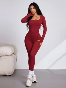 Slayform Women's Sports Backless Long Sleeve Fitted Jumpsuit - Burgundy - View 4