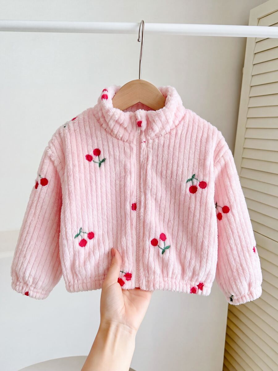 SHEIN 女嬰可愛百搭休閒毛絨碎花長袖冬季外套 - 粉色 - 查看 1