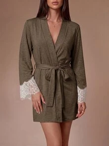 Lazeform Women's Summer Morning Robe With Lace Patchwork And Tie-Up Design, Comfortable Fabric - Brown - View 3