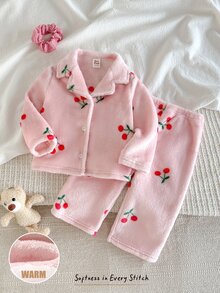Cozy Pixies 女嬰針織櫻桃圖案人造毛領開襟衫與長褲2件套居家服，聖誕睡衣，秋季新款，秋冬穿著 - 粉色 - 查看 1