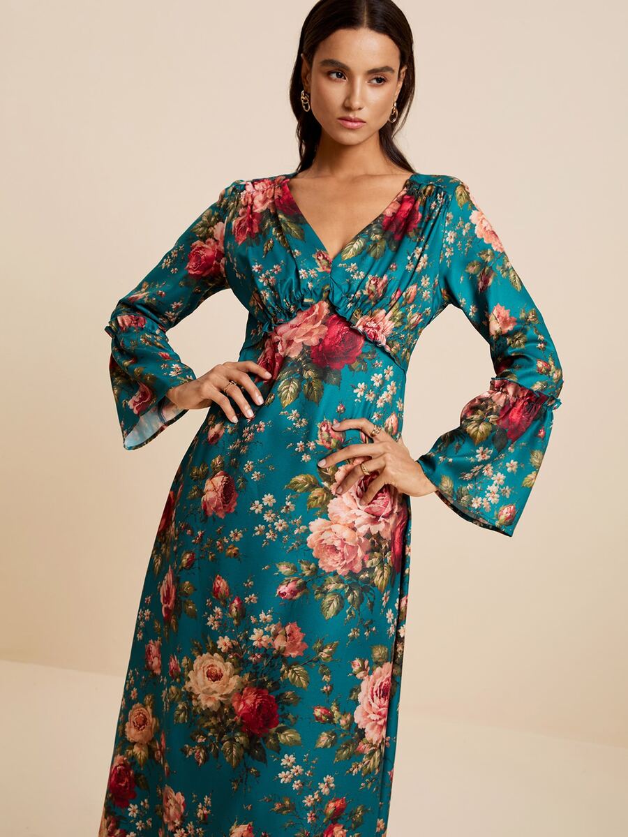 LOTSLUV Women's Elegant Autumn Commute, Dark Green Floral Print, V-Neck Long Sleeve Ruched Fitted Printed Dress - Green - View 1