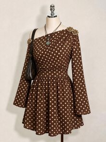 SHEIN ICON Plus Size Y2K Polka Dot Print Long Sleeve Dress - Vintage Casual Slim Fit, Suitable For Spring And Autumn - Brown - View 3
