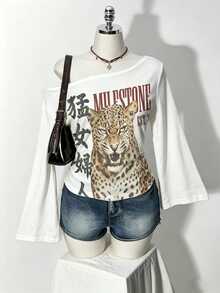 SHEIN ICON 大尺碼印花白色不對稱單肩T恤 秋季 - 彩色 - 查看 3