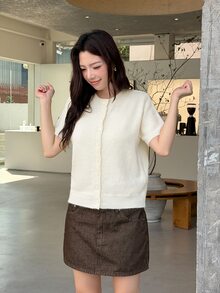 K-Vae Women's Solid Color Short Sleeve Single-Breasted Casual Knit Cardigan - Apricot - View 5