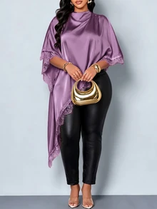 SOLERSUN Plus Size Women's Satin Lace Trim Asymmetric Blouse, Suitable For Dinner Parties And Shopping - Purple - View 7