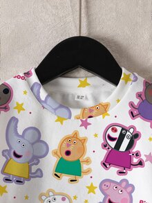 Peppa Pig X SHEIN سويت شيرت بولوفر للفتيات الصغيرات بطبعة كرتونية، كاجوال وعصرية، إبداعية وشخصية، منعشة ولطيفة - أبيض - مشاهدة 3