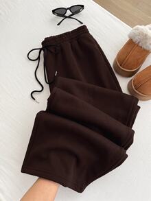 Comfortcana Chocolate Brown Plus Size High Waist Casual Straight Leg Sweatpants - Chocolate Brown - View 9