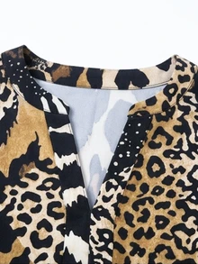 Linhara CURVE Plus Size Women's Leopard Print Notch V-Neck Long Sleeve Fashion Blouse - Brown - View 5