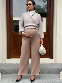 MaterniWear Maternity Solid Color Adjustable Waist Thermal Lined Casual Long Pants - Brown - View 5