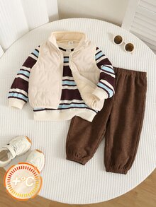 SHEIN 3pcs/Set Baju Bayi Laki-laki Musim Gugur/Dingin Kasual Bergaris Jaket Rompi Tebal Celana Panjang, Set Baju Sweatshirt, Set Bayi, Set Musim Gugur/Dingin, Set Mantel, Set Ski - MultiWarna - View 4