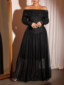 Cravure Plus Size Women's New Off-Shoulder Long Sleeve Backless Cold Shoulder Fitted Ruched H-Line Dress - Black - View 4