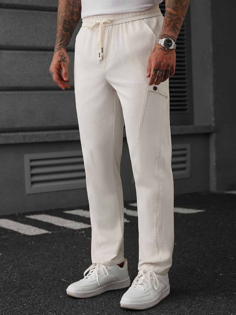 SLATEMANN Men's Solid Color Drawstring Waist Casual Daily Long Pants - Beige - View 1