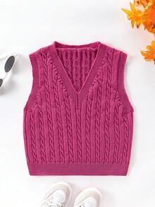SHEIN Áo vest dệt vặn thừng cổ chữ V phong cách thường ngày đa năng cho bé gái tuổi teen - Màu Hồng Tươi - Xem 4