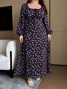 Vibekara 大尺碼女款波點圖案前綁帶長袖優雅洋裝 - 彩色 - 查看 4