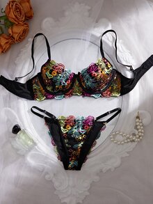 Crystal Vow Black Base Multicolor Floral Embroidered Lace Lingerie Set, Adjustable Spaghetti Strap Back Hook Underwire Bra, Low Waist Spaghetti Strap Women's Triangle Panty 2 Pieces Set - Multicolor - View 3