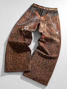 ROMWE MEN Street Life Casual Fashion Leopard Print Metal Chain Decor Versatile Men's Denim Jeans - Brown - View 1