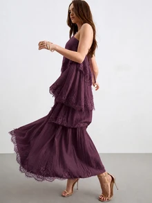 Willow Rêve Gaun Maxi Tencel Wanita dengan Tali Leher dan Hiasan Renda Bertingkat, Gaun Liburan Elegan - Purple - View 6