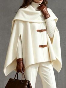 LUMIGAL Women's Cream Wool Blend Cape OverCoat , Leather Buckle Detail, Oversized Cloak Sleeve, Warm Fall Winter Outfit, Chic Office & Daily Wear - Apricot - View 7