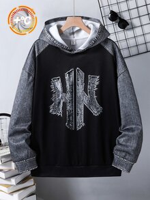 SHEIN Teen Boy Teen Boys Streetwear Denim Print Hooded Sweatshirt, Suitable For Autumn/Winter, School, Family Gatherings, Back To School, Sports, Play, Birthday Parties, Photos, Vacation, Holidays - Multicolor - View 4
