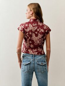Nöista Women's New Chinese Style Short Top With Slanted Collar And Stand-Up Collar - Burgundy - View 2