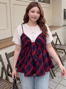 Bijouette 大尺碼女款夏季時尚休閒優雅浪漫極簡度假格紋兩件套，白色針織圓領短袖上衣與格紋V領細肩帶背心，大尺碼女款兩件套，白色女款兩件套與藍色女款兩件套，櫻花季末限量版大尺碼藍白格紋蝴蝶結背心兩件套 - 紅色 - 查看 13