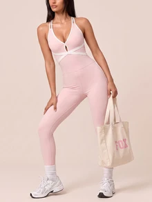 SHEIN BAE Women's Contrast Trim Halter Neck Hollow Out Casual Sports Jumpsuit - Baby Pink - View 6