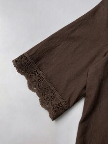 Linhara CURVE Blus Kasual Musim Gugur Renda Patchwork Wanita Ukuran Plus - Coffee Brown - View 3