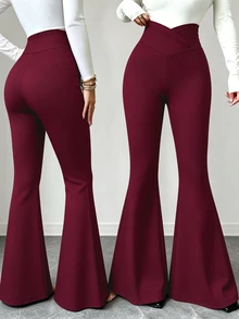 SHEIN LUNE 2025新款女式休閒通勤度假節日不對稱腰線顯瘦喇叭褲 素色 - 酒紅色 - 查看 1