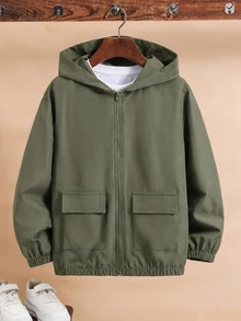 SHEIN Kids Tween Boy Casual Hooded Versatile Army Green Utility Pocket Jacket, Suitable For Commuting, School, Daily Casual Outings, Sports, Autumn/Winter - Army Green - View 5