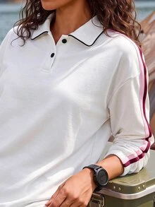 Exploreva Women's Side Stripe Polo Collar Long Sleeve Sports Sweatshirt - White - View 6
