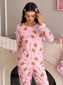SweetSlumber Women's Christmas Gingerbread Man Candy Print Knit Crew Neck Long Sleeve Pants Pajama Set - Multicolor - View 6