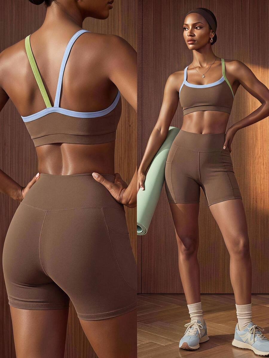 Zivah Bộ đồ tập gym nữ gồm áo ngực thể thao nâng đỡ cao và quần short túi, màu nâu xanh lá tương phản, đệm rời, định hình bụng, tập gym workout, mùa thu và quanh năm, chống lộ vùng nhạy cảm khi squat - Nhiều màu - Xem 1