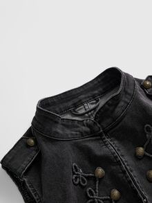 ROMWE Grunge Punk Summer Punk New Chinese Style Design Frog Button Peace Knot Small Stand Collar Slim Fit Denim Top - Grey - View 4