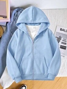 SHEIN 青少年女孩秋冬休閒連帽開襟外套 - 藍色 - 查看 6