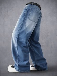 Manfinity Denimwave بنطلون جينز رجالي عتيق مغسول فضفاض جداً بساق واسعة، بنطلون جينز فضفاض بحجم كبير، أسلوب ملابس الشارع الهيب هوب - الأزرق - مشاهدة 3