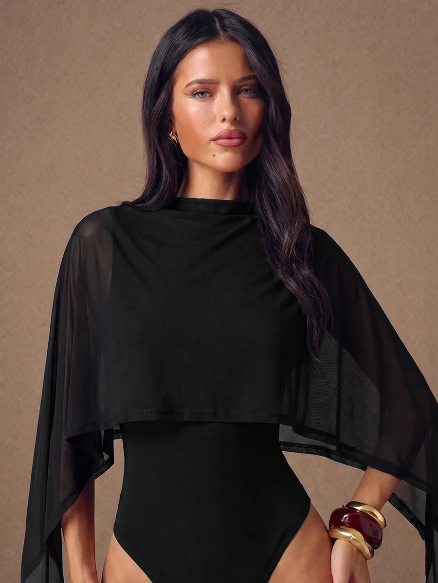 SHEIN BAE CURVE جمبسوت نسائي مقاس كبير بلون سادة مثير متعدد الاستخدامات بياقة شال - الأسود - مشاهدة 1