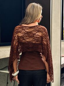 Aloruh Women's Round Neck Long Sleeve Transparent Blouse - Brown - View 2