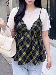 Bijouette 大尺碼女款夏季時尚休閒優雅浪漫極簡度假格紋兩件套，白色針織圓領短袖上衣與格紋V領細肩帶上衣，大尺碼女款兩件套，白色女款兩件套與藍色女款兩件套，限量版櫻花季末班車 - 黃色 - 查看 2
