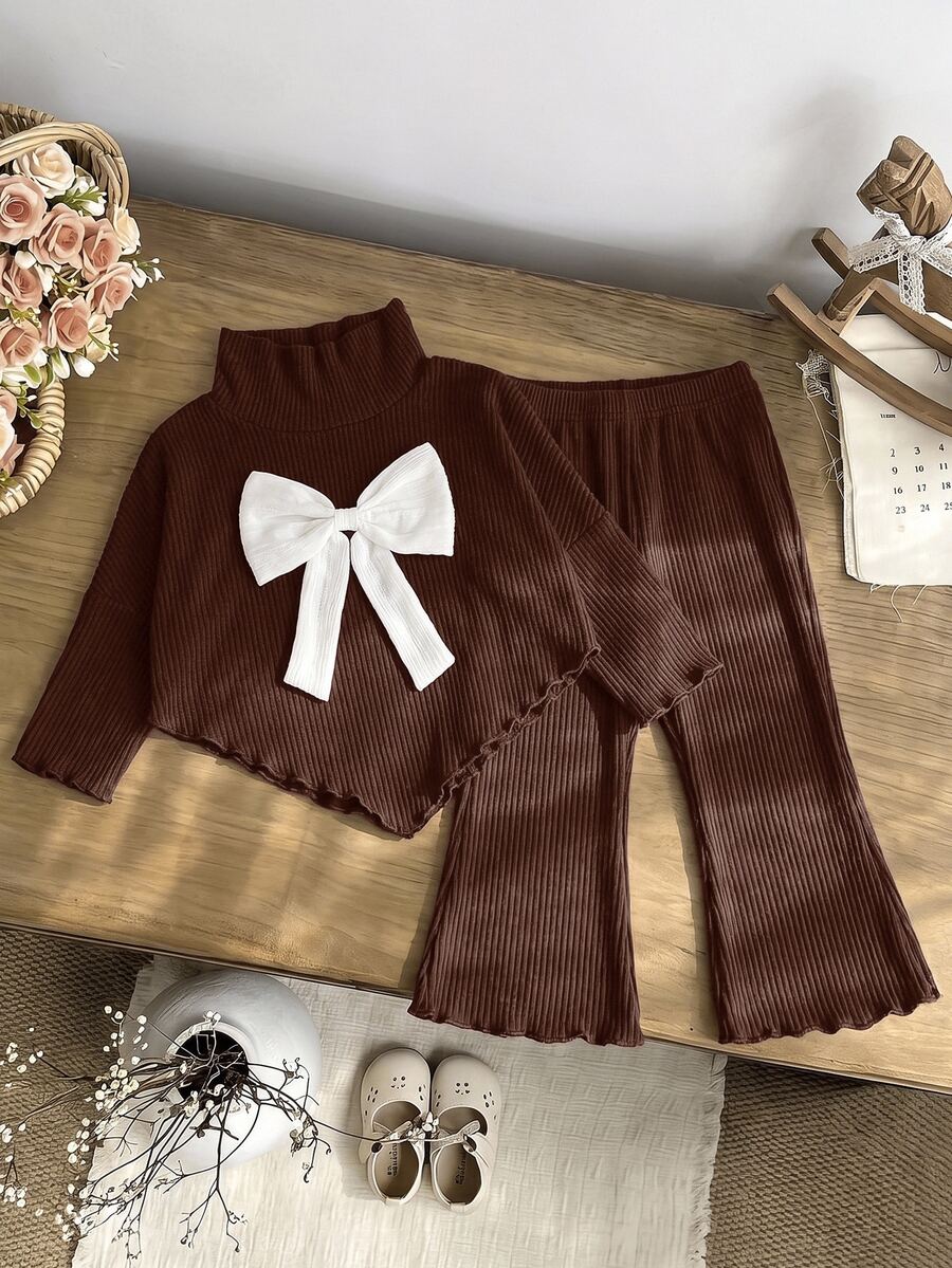 SHEIN 2pcs Toddler Girl Top And Pants Cute Sweet Brown White Bow Ribbed Lettuce Triangular Hem Long Sleeve Mock Neck Birthday Party Fall Sweaters Flare - Coffee Brown - View 1
