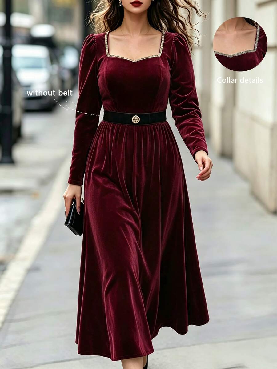 Velvienne Plus Size Women's Elegant Knitted Autumn Dress Christmas - Burgundy - View 1