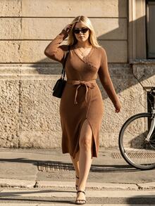 Velvienne Plus Size Vintage Caramel Wrap Dress With Lace Trim V-Neck - Brown - View 7